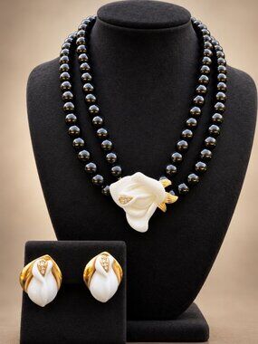 KJL for Avon Midnight White Rose Necklace Earrings Set Vintage Kenneth Jay Lane